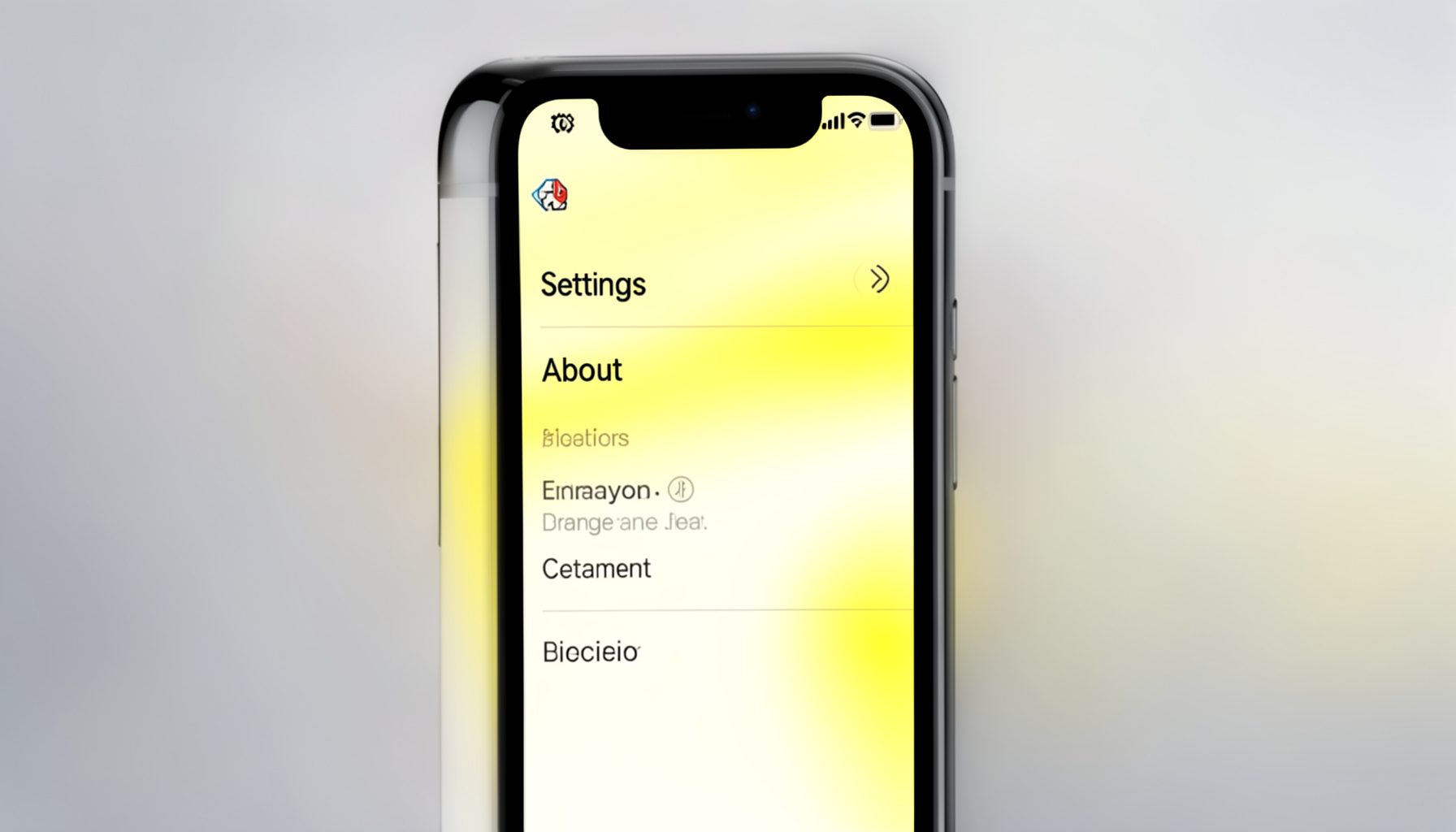 A close-up of an iPhone screen showing the Settings app with the About section visible, set against a soft gradient background in muted gray and white tones.